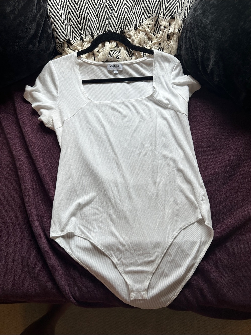 G.I.L.I. White Square Neck Short Sleeve Stretch Bodysuit